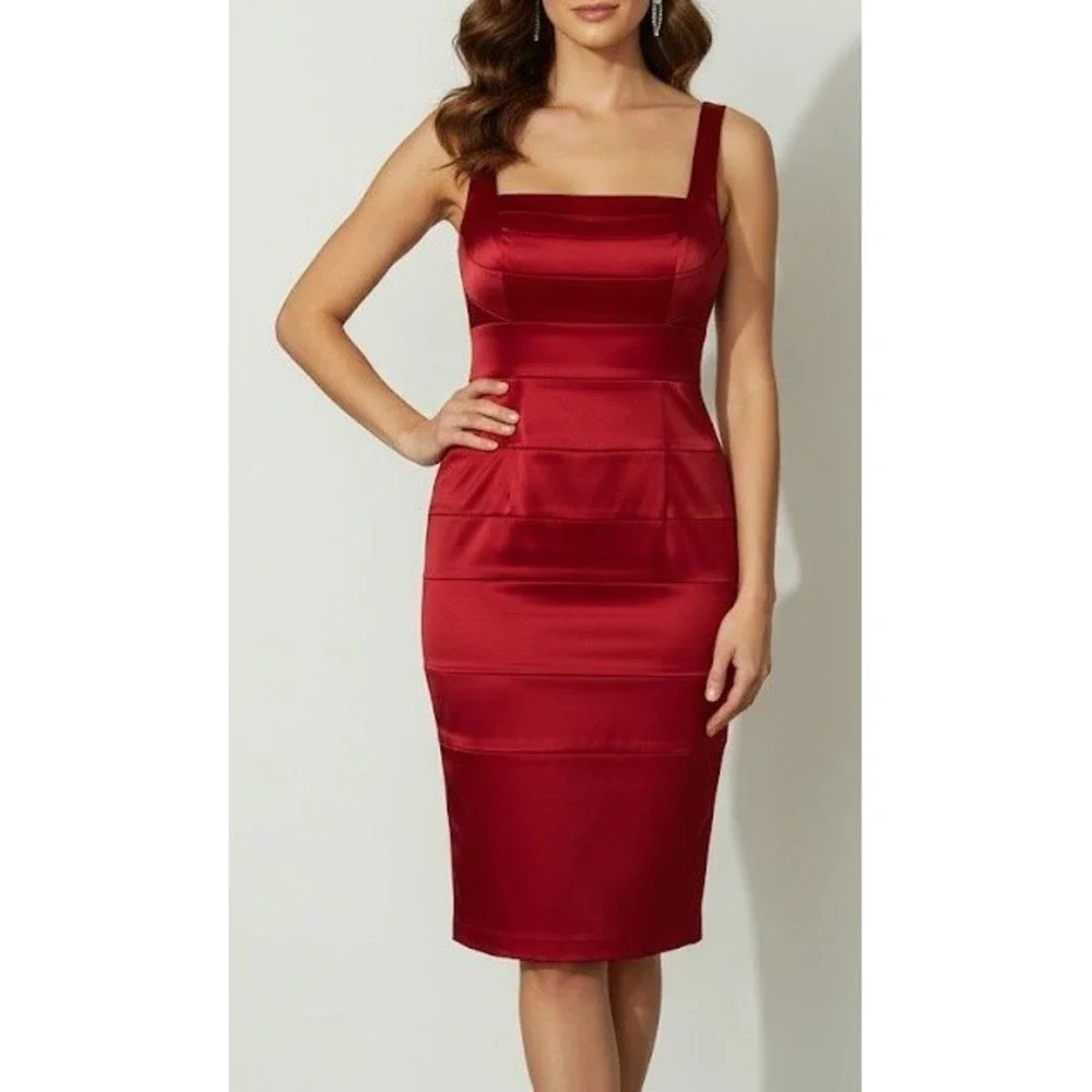 33-Dressbarn‎ Collection  Sz 8 Red Sheath Dress Square Neck Sleeveless Ruched